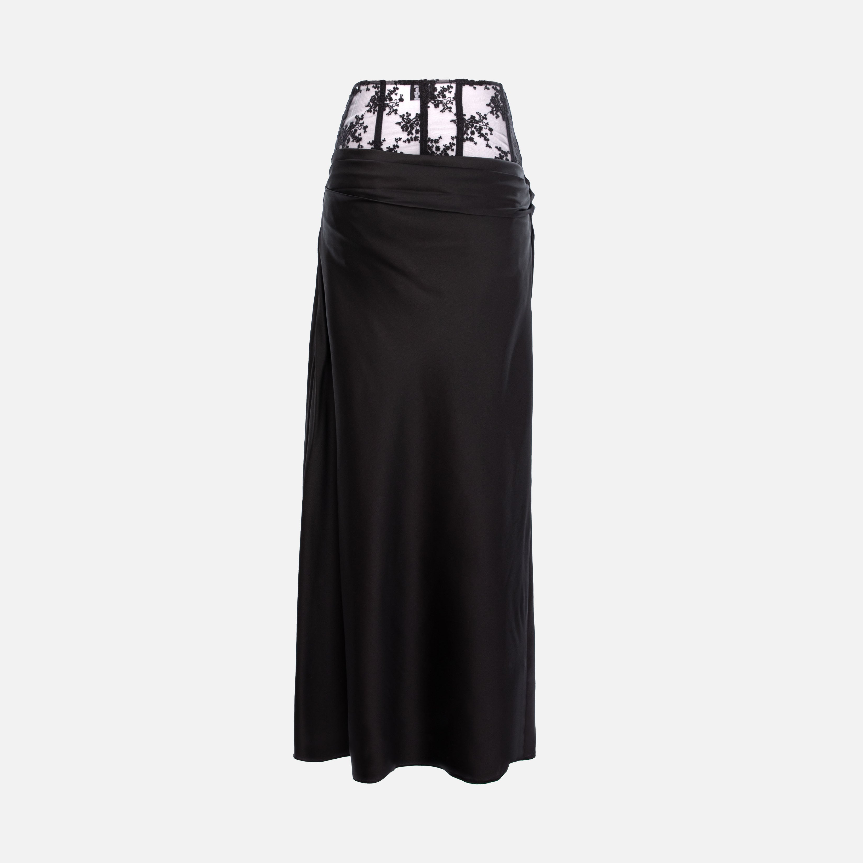 BLACK SILK LONG SKIRT WITH LACE